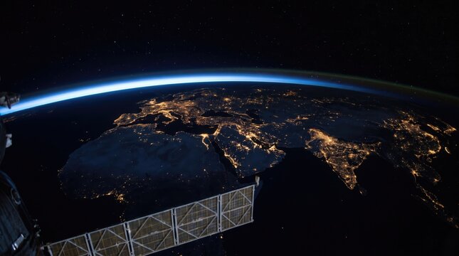 Close perspective of space station hardware in orbit over Earth displaying glowing city lights across night continent