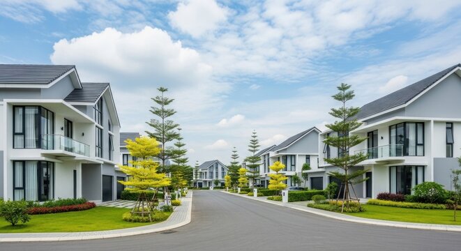 A residential street lined with modern houses and green trees under a clear blue sky.
