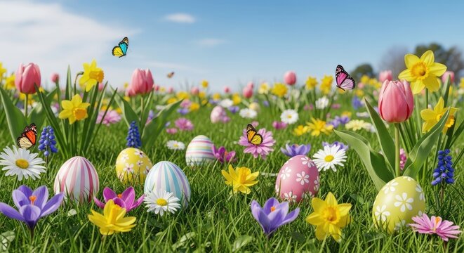 A vibrant Easter egg hunt in a lush, green meadow with pink tulips, yellow daffodils, and purple crocuses, with butterflies fluttering around.