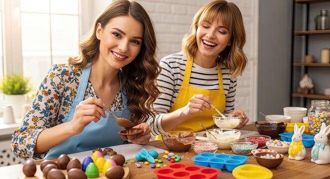 Two women baking Easter eggs in a kitchen.
