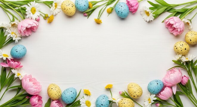 A colorful Easter egg frame with daisies, tulips, and tulip flowers on a white wooden background.
