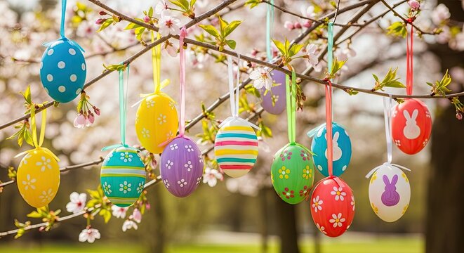 A colorful Easter egg tree with various decorated eggs hanging from branches with blossoming pink flowers.
