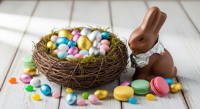 A chocolate bunny with a nest filled with colorful Easter eggs and pastries on a wooden table.