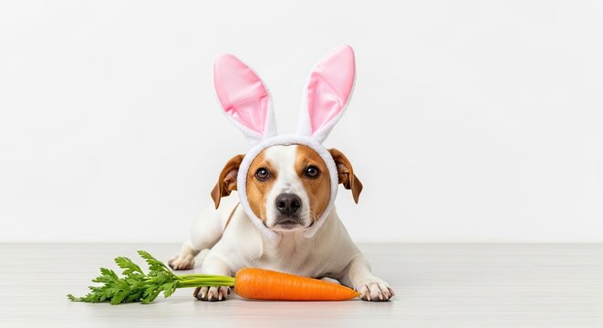 A dog wearing bunny ears and lying next to a carrot on a white surface.