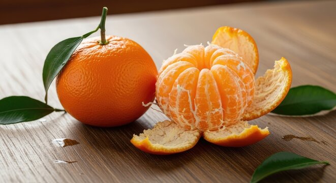A tangerine sits next to a peeled tangerine segment on a wooden surface. The tangerine has green leaves.