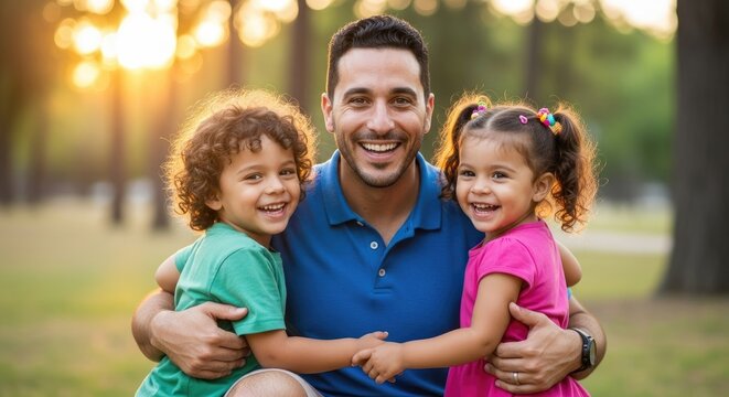 A smiling father embraces his two young children outdoors during a beautiful sunset. The man, likely in his 30s, has dark hair and a warm expression.