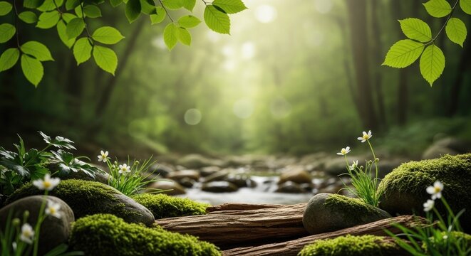 Sunlight streams through a dense forest, illuminating a mossy stream bed. Lush green leaves frame the scene, creating a magical atmosphere.