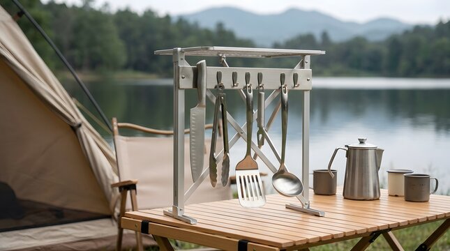 Outdoor Camping Kitchen Gear on Wooden Table by Lake