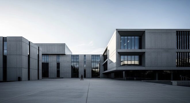 A large, modern building complex stands prominently against a pale blue sky. The architecture features a minimalist design with extensive use of gray concrete and large, rectangular windows.