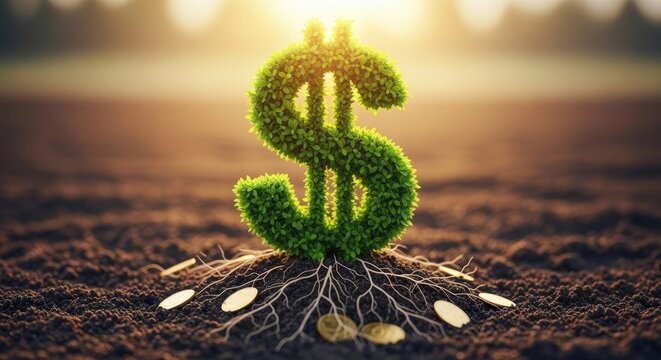 A stylized dollar sign is growing out of the earth, surrounded by coins. The dollar sign is formed from lush green foliage, with visible roots anchoring it to the soil.