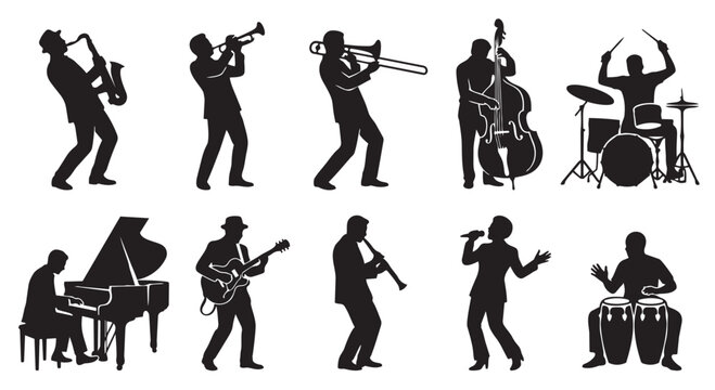 Musical instruments and jazz musicians silhouette icon set with musician silhouette instrument saxophone trombone