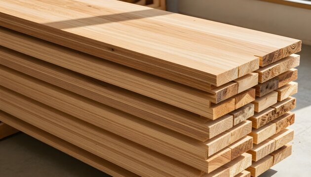 Stacked light-colored wooden planks arranged neatly in a workshop or lumberyard for processing.