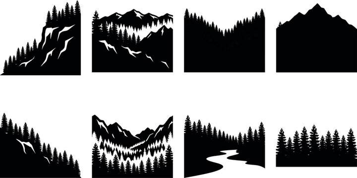 Mountain landscape and forest silhouette icon set featuring wild pine trees valleys winding rivers cliffs and outdoor adventure nature backgrounds