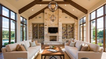 Obraz premium Elegant Living Room with Vaulted Ceilings, Stone Fireplace, Built-in Bookshelves, and Large Windows