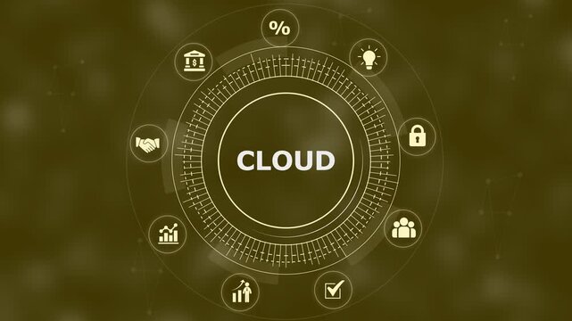 Cloud technology concept with circular interface and business on a dark olive green background for corporate communication and strategy