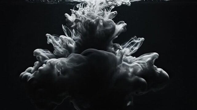 Ink Cloud Explosion: An abstract, dramatic explosion of white ink dissolving in dark water, creating a mesmerizing, ethereal cloud formation.
