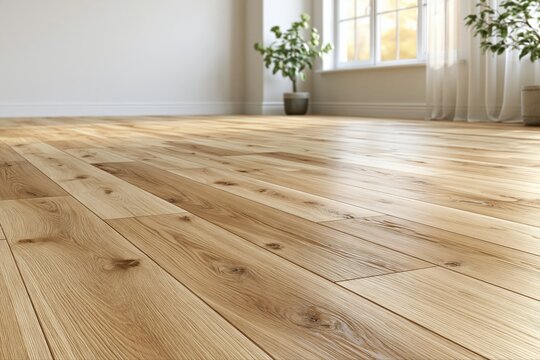 Warm Honey-Toned Hardwood Floor with Natural Light and Green Plants in Bright Room