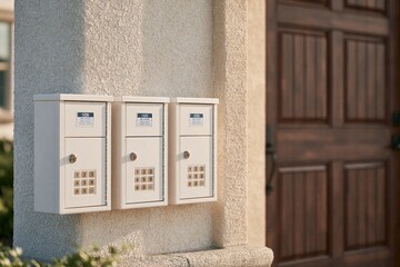 Obraz premium Modern Cream Mailboxes Attached to Textured Pillar Beside Rich Wooden Door with Sunlight