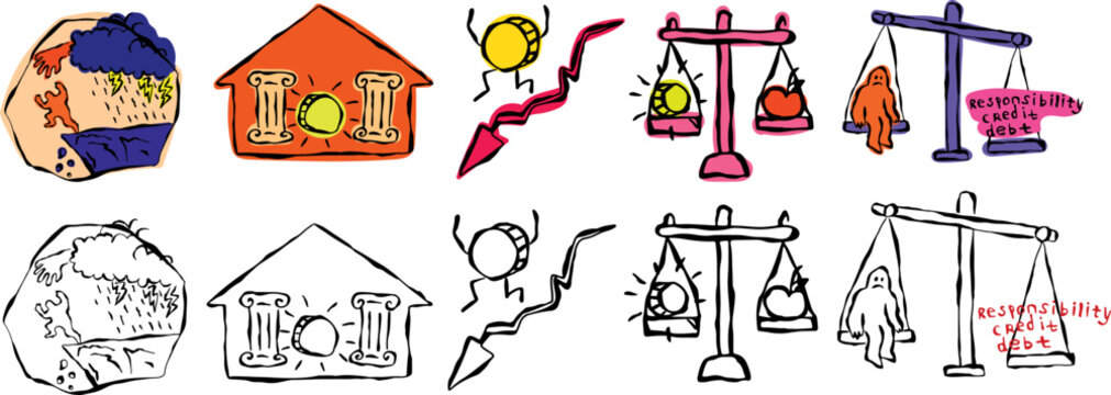 Conceptual hand-drawn vector illustrations set about cost of living crisis, inflation struggle, currency devaluation and financial dilemmas.