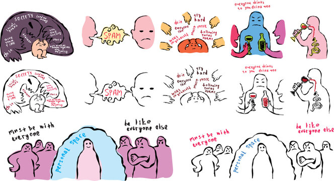 Conceptual hand-drawn vector illustrations set about digital toxicity, cyberbullying, social pressure and loneliness metaphors.