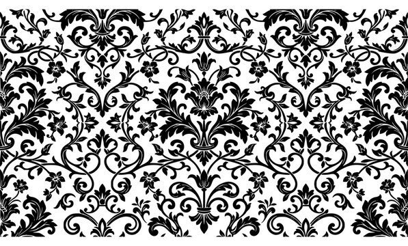 Black and White Floral Damask Pattern Vector with Ornate Scrolls and Vines