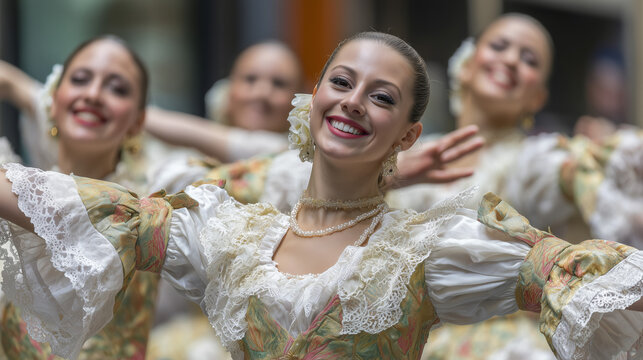 Radiant Female Dancers Celebrating Traditional Folklore During The San Isidro Festival In Madrid Spain