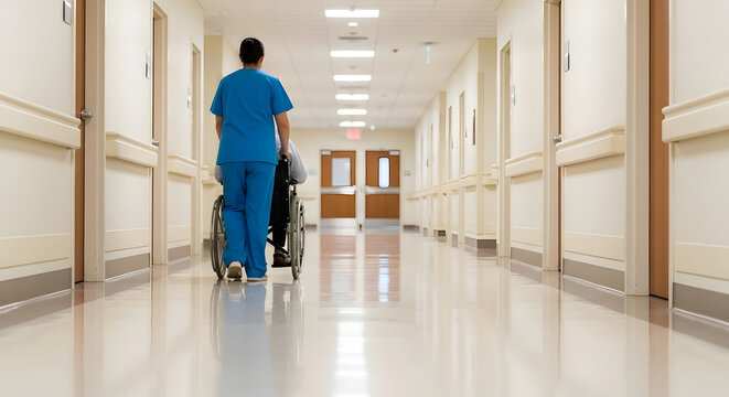 Compassionate Nurse Pushing Patient in Wheelchair Down Bright Hospital Corridor, Healthcare Assistance, Medical Care, Patient Transport, Recovery, Rehabilitation, Hospital Environment, Professional