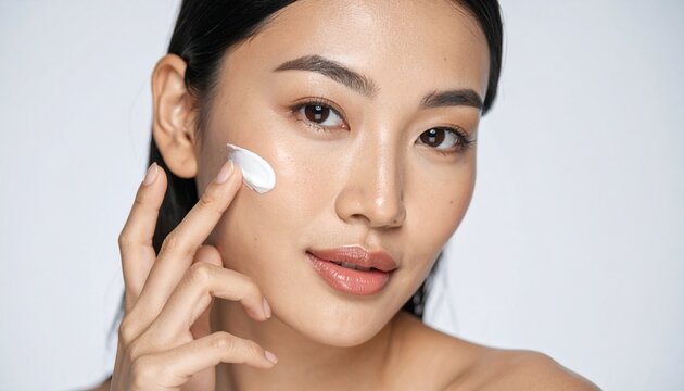 Asian woman applying rich cream on face. Skincare model using moisturizer for spa wellness.