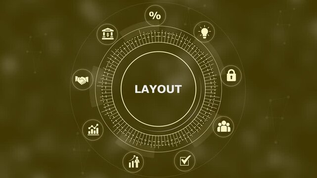Circular business layout with central text and surrounding on a dark olive green background with network nodes and soft bokeh light effects
