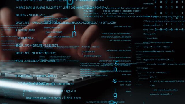 Hands operate a keyboard against a digital backdrop of flowing code and binary data, symbolizing the intricate world of technology and programming. Xenic