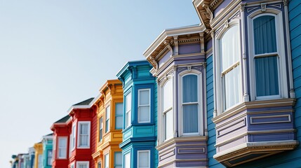 Obraz premium Row of Colorful Victorian Townhouses with Bay Windows Against a Clear Blue Sky