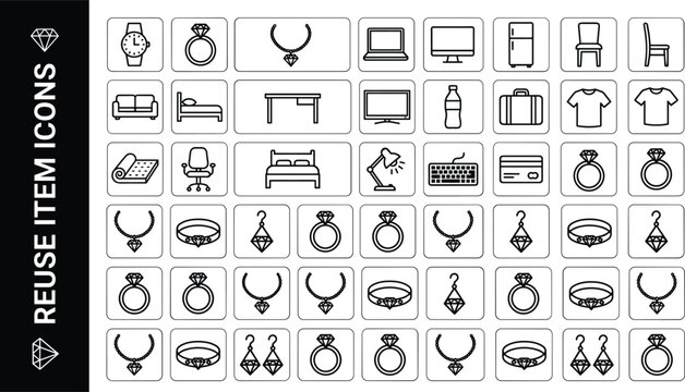 E-commerce marketplace resale line icon collection featuring second hand furniture electronics apparel and diamond luxury jewelry items