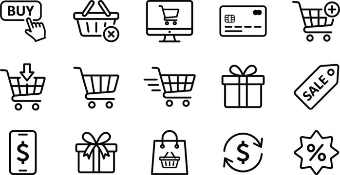 E-commerce retail shopping linear icons bundle containing online checkout carts digital payment methods gift options and discount promotions