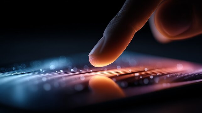 Finger swiping on glowing smartphone screen with soft neon gradients, cinematic macro details, smooth reflections, shallow depth, elegant futuristic tech, ultra-realistic 8K composition.