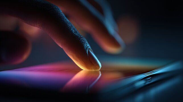 Finger swiping on glowing smartphone screen with soft neon gradients, cinematic macro details, smooth reflections, shallow depth, elegant futuristic tech, ultra-realistic 8K composition.