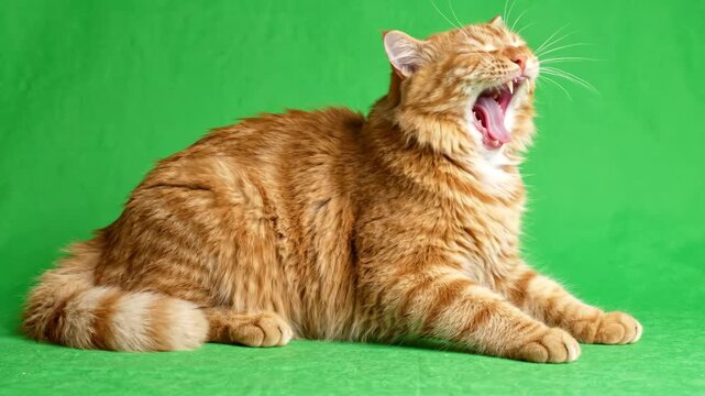 Fluffy domestic cat arching back and stretching front paws during a slow wake up on a solid green screen background