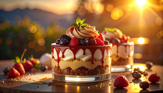 Decadent Berry Trifle Dessert with Chocolate Drizzle and Whipped Cream.