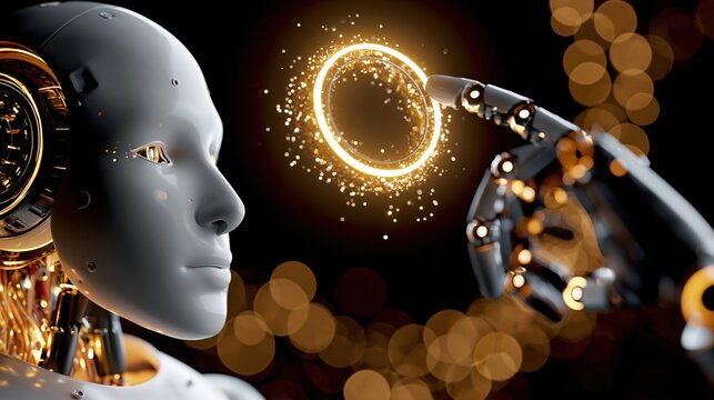 Futuristic Robot Interacting with Glowing Orb of Energy, Symbolizing AI Innovation and Future Technology
