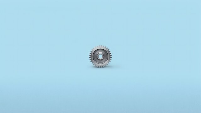 Single metallic gear cog wheel isolated on a soft blue background for industrial engineering