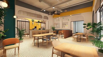 Fototapeta premium Restaurant dining room displays decorative tiled flooring and warm yellow accent walls with organized wooden tables and chairs.