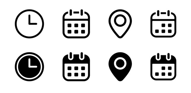 Time of the day icon set featuring clock, calendar, date, and location pin symbols in outline and solid styles. Ideal for scheduling, appointments, reminders, events, and business applications.