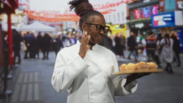 Young woman chef in white uniform holds a tray of muffins and touches her cheek in a bustling street market; pride craft.