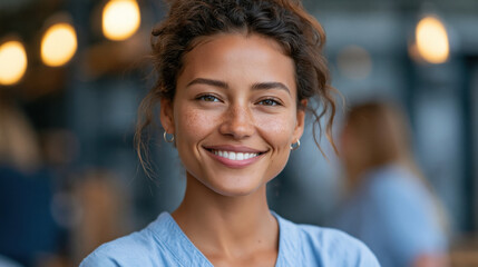 Fototapeta premium Smiling young woman portrait in cafe with blurred background, natural skin, casual blue shirt, friendly expression, indoor light
