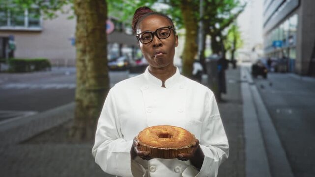 Young woman chef holds round cake with bare hands, purses lips and tilts head while standing on a street lined with trees; pride.