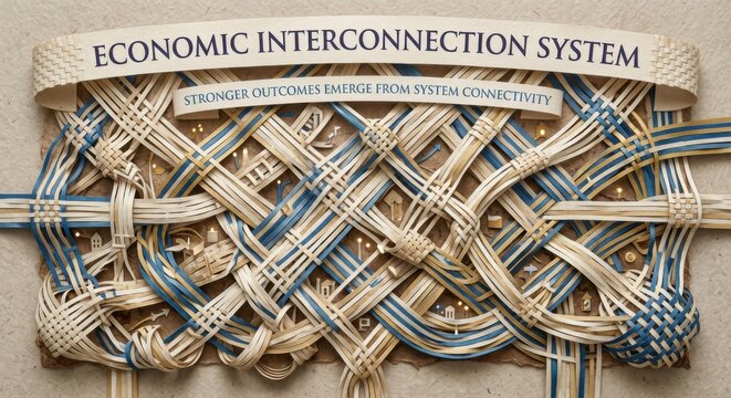 Intricate woven paper bands forming a complex network symbolizing economic interconnection and system connectivity
