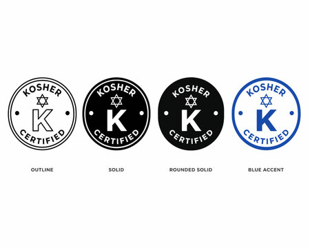 Modern graphic certification emblems for food products, showcasing different design styles of a 'Kosher Certified' badge, essential for dietary compliance