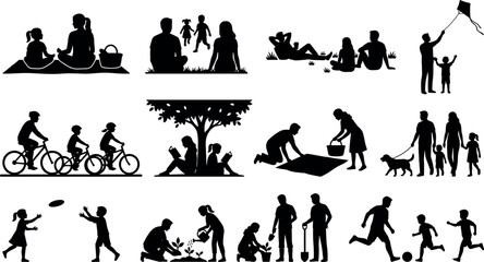 Outdoor park family recreation silhouette collection featuring summer picnic blankets, bicycle riding, flying kites, reading under trees, gardening, and dog walking.