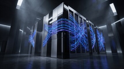 Obraz premium Data center server racks with digital network flow. Cloud computing infrastructure concept.
