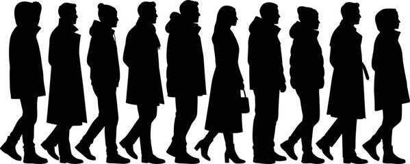 People standing in line silhouette vector set featuring men and women waiting in queue wearing winter clothes coats and jackets profile elements © MstAduri