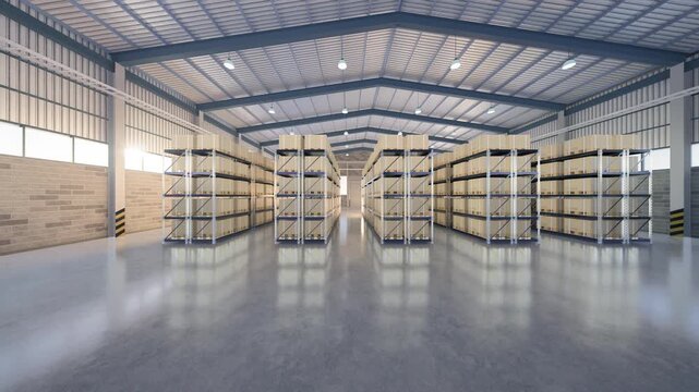 3D warehouse interior with shelving stacked goods, slow panning camera movement, organized inventory, logistics center, distribution facility, commercial storage, supply chain management.